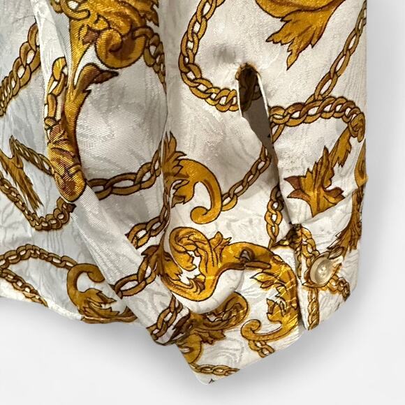 Vintage Satin Equestrian Chain Print Blouse Heritage Preppy Baroque Top Large - Picture 6 of 12